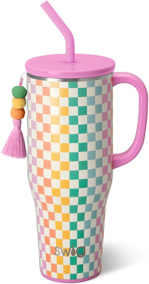 Swig Life 40oz Mega Mug, 40 oz Tumbler with Handle and Straw, Cup Holder Friendly, Dishwasher Safe, Extra Large Insulated Tumbler, Stainless Steel Checkered Water Bottle (Check Mate)