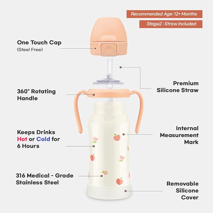 GROSMIMI Insulated 316 Stainless Steel Spill Proof Straw Cup, Water bottle with Flip Top for Toddlers, BPA Free (bear, 10oz)