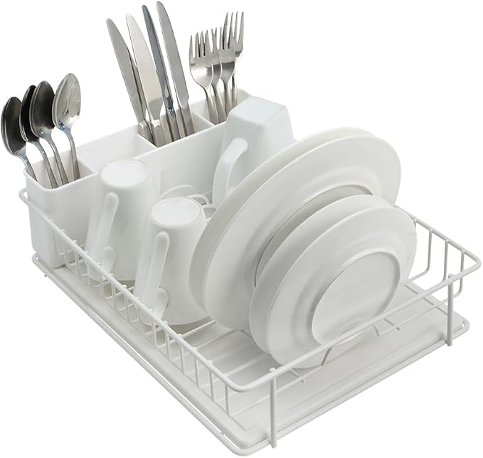 SunnyPoint 304 Stainless Steel Dish Drying Rack with Diatomaceous Earth Drainboard & Removable Utensil Caddy – Rust Resistant Countertop Dish Rack for Kitchen (White)