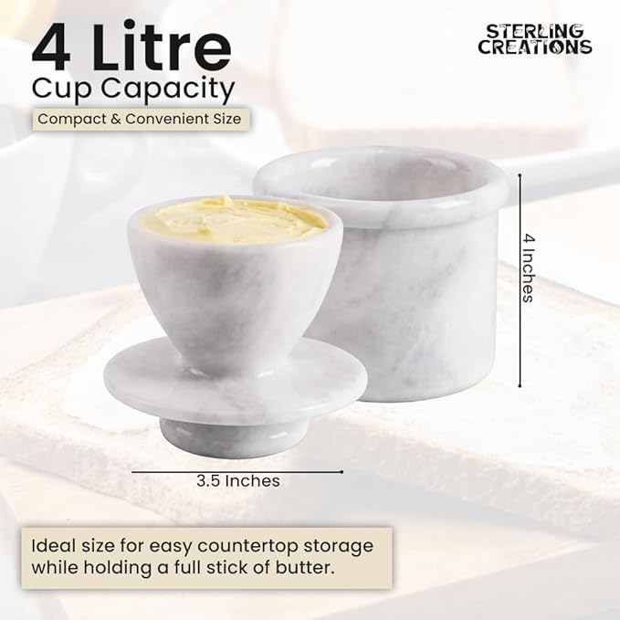 Handcrafted Round Marble Butter Keeper | Elegant White Marble French Butter Dish | Ideal Kitchen Storage for Soft Butter | Classic Breakfast Companion (Regular Size) (White Marble)