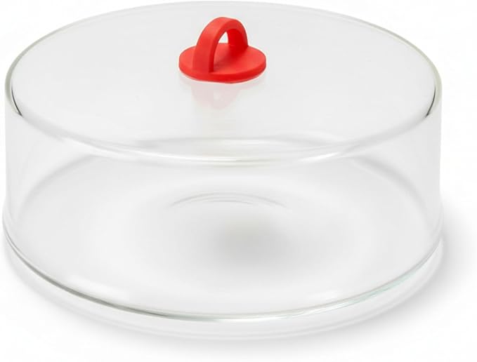 Tall Microwave Tempered Borosilicate Glass Plate Cover with Red Easy-Grip Silicone Handle - Steam Food Without Venting - Microwave/Oven/Stove Safe - 10" x 4"