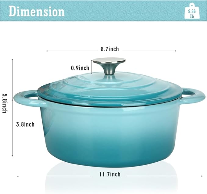 COOKWIN Cast Iron Dutch Oven, 3 QT Round Dutch Oven Pot with Self Basting Lid for Home Baking, Braiser, Cooking, Great Christmas Gifts for Family,Teal