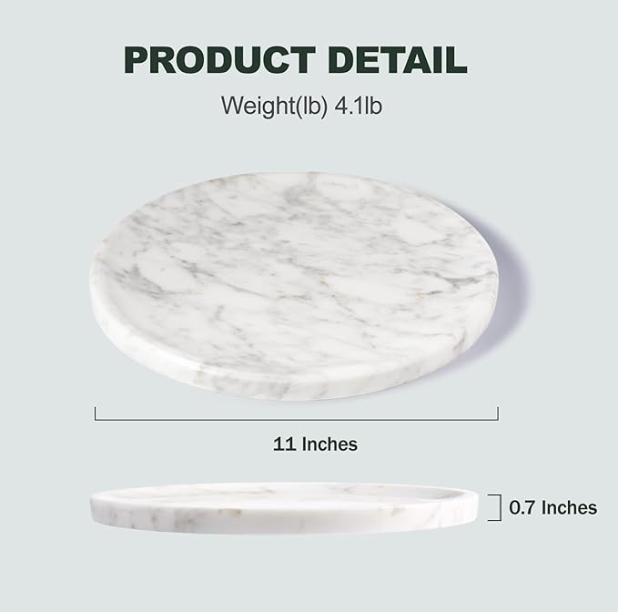 Natural Marble Decorative Tray for Bathroom Bedroom Kitchen Dresser, 11” Round Vanity Trays for Jewelry, Perfume, Cosmetic, Candle, Countertop Storage Organizer for Home Decor White, Arabescato