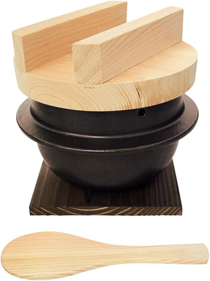 Japanese Rice Cooker Donabe Clay Pot Set, 3 Go (3 Cups), Includes Hinoki Rice Scoop