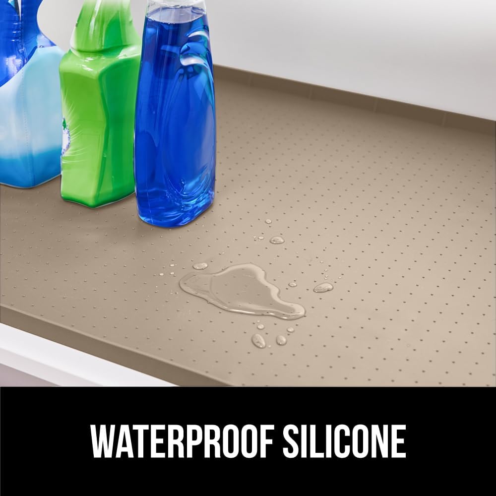GORILLA GRIP Waterproof Silicone Under Sink Mat with Raised Lip for Kitchen and Bathroom, 31 x 22 in, Cabinet Shelf Liner Stay in Place Mats Dishwasher Safe Drawer Liner, Organizer Tray, Beige