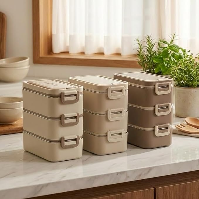 Bento Box Adult Lunch Box, Stackable 3-Layer 304 Stainless Steel for Adults, Office, 3L Capacity, Portable, Soup Bowl, Spoon & Fork, Metal Lunch Box, Tiffin (Beige)