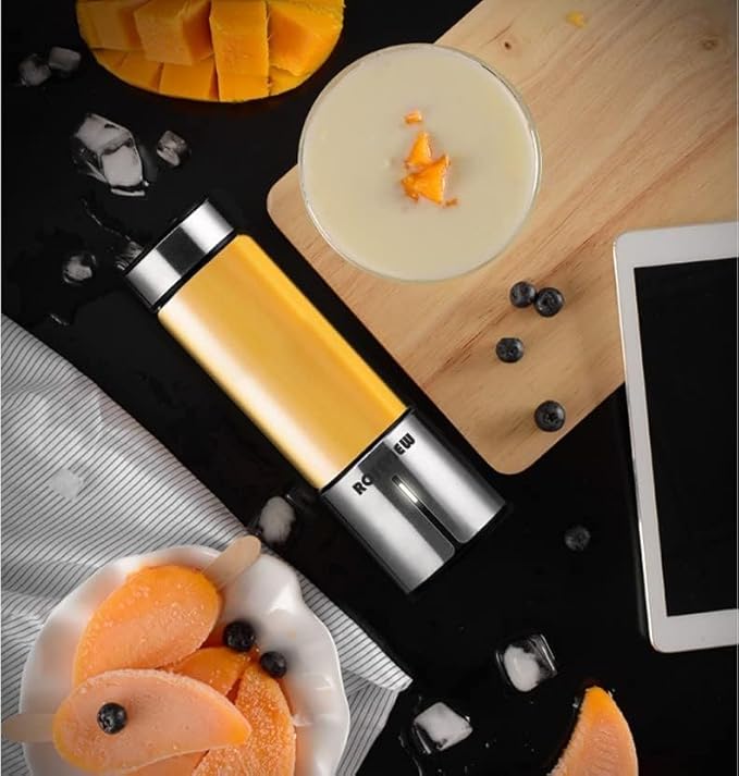 Portable Smoothie blender ROSEVIEW Glass bottle USB rechargeable mini Handheld Ice Shakes Cup 2 speed blend juicer Cordless Personal smoothies maker Fruit mixer (Metallic)