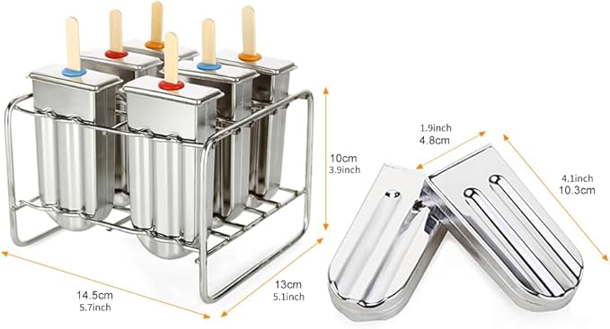 6 Pcs Stainless Steel Popsicle Molds, Ice Pop Molds with Holder, Stainless Steel Reusable Homemade Popsicle Maker with 50 Wooden Sticks and 6 Silicone Seals and 20 Pop Bags, Cleaning Brush