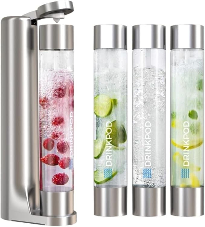 Fizzpod Home Soda Maker Sparkling Water Carbonator With 3 Bottles and 2 Bottle Brushes (Silver)