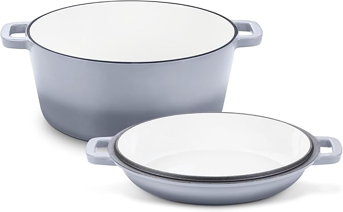 TeamFar 5 Quart Enameled Cast Iron Dutch Oven, 2-In-1 Dutch Oven Pot Cookware with Skillet Lid for Bread Baking Braising Stewing Roasting, Sturdy & Nonstick, Oven Safe & Fit for Induction (Grey)