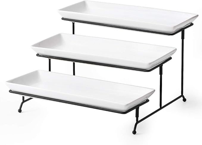 YHOSSEUN 3 Tier Serving Stand Tiered Tray Stand with 3 Porcelain Serving Platters Trays for Dessert Server Display Collapsible Sturdier Metal Rack 14 inch