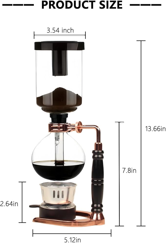 Tabletop Glass Siphon Pot, Vacuum Siphon Coffee Maker 3-Cup (360ml) with Alcohol Burner, Adjustable Buffer Clamp, Stainless Steel Bracket Base for Coffee Aficionados