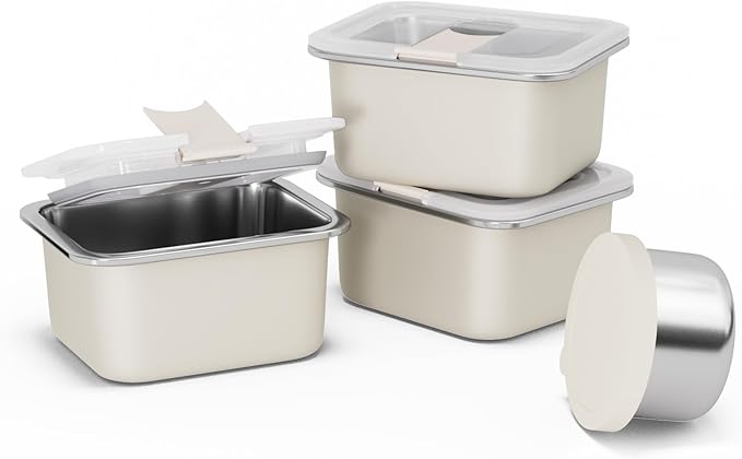 Bakpoco Stainless Steel Snack Lunch Containers for Kids, 3 Packs 12 oz Leak-Proof Lunch Box Containers, Microwave-Safe, Convenient Metal Small Food Storage Container with Lid for School, Work