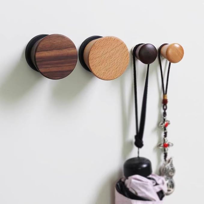 2 PCS Retro Magnetic Hooks, Wrought Iron Wooden Ball Hooks, Creative Punch-Free Storage for Refrigerators, Metal Doors, and Lockers (Walnut Wood,S)