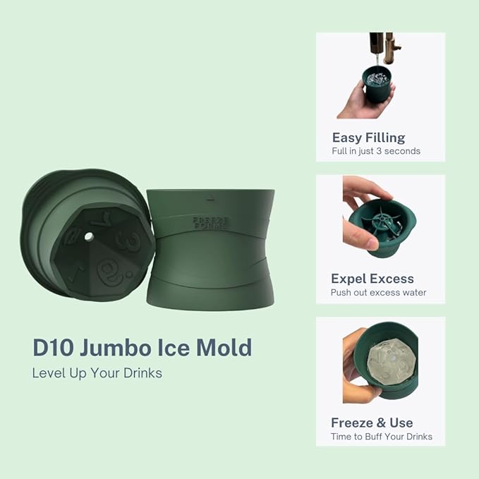 Ultimate D10 Dice Shaped Jumbo Ice Cube Mold for DND/TTRPG Fans - Large Silicone, Easy Fill & Release for Whiskey, Cocktails, Juice - Perfect Gamer Gift & Fantasy D&D Essential