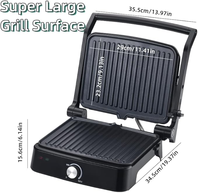 Vivicreate Panini Press Grill 1500W Sandwich Maker with Removable Nonstick Plates Adjustable Temperature 180 Degree Opening Indoor Electric Grill for Panini Sandwich Steak Burgers Breakfast (1 Knob)