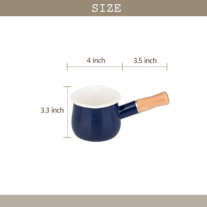 Enamel Milk Pot, Butter Warmer Non-stick Mini Saucepan, 4 Inch 17 Oz Small Cookware with Wooden Handle(Blue)