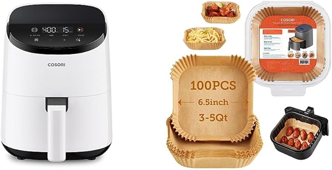 COSORI Small Air Fryer Oven 2.1 Qt, 4-in-1 Mini Airfryer, Bake, Roast, Reheat, Space-saving & Low-noise & Air Fryer Liners, 100 PCS Square Disposable Paper Liners, Non-Stick