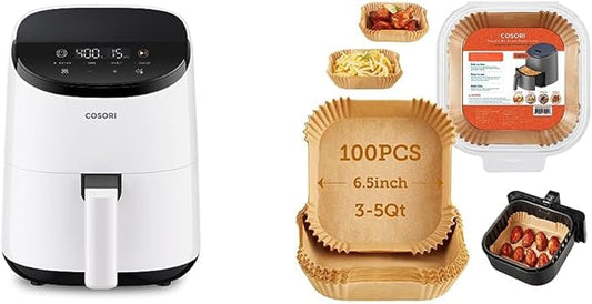 COSORI Small Air Fryer Oven 2.1 Qt, 4-in-1 Mini Airfryer, Bake, Roast, Reheat, Space-saving & Low-noise & Air Fryer Liners, 100 PCS Square Disposable Paper Liners, Non-Stick
