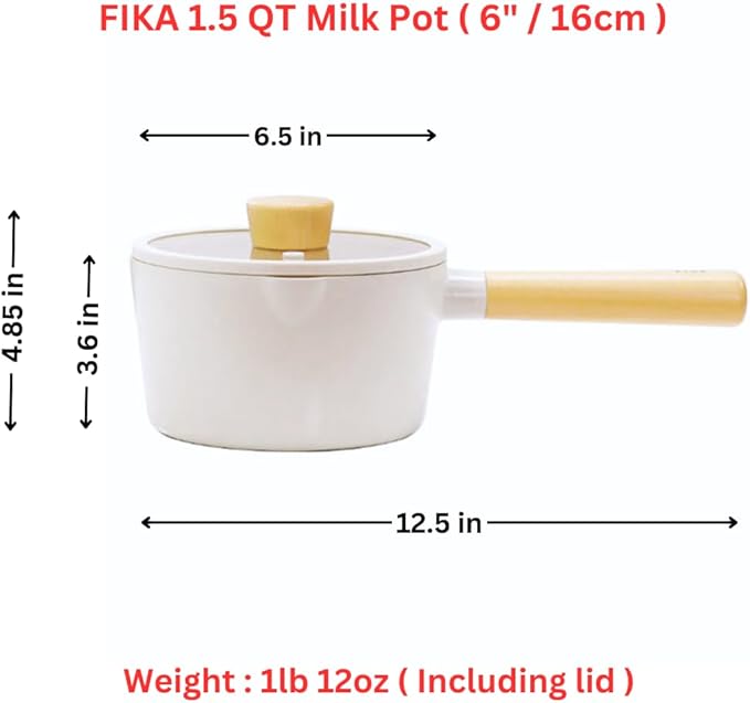 NEOFLAM FIKA 1.5QT Milk Pan with 2 Pour Spouts, Butter Warmer, Milk Boiling, Melting Pot for Stovetops and Induction, Wood Handle, Made in Korea (6" / 16cm)