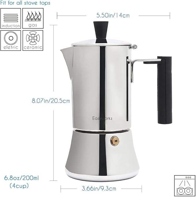 Easyworkz Pedro Stovetop Espresso Maker 4Cup 200ml, Bundled Espresso Steaming Pitcher Stainless Steel 20 oz Coffee Frothing Picther Milk Jug Cappuccino Latte Art Cup, Black