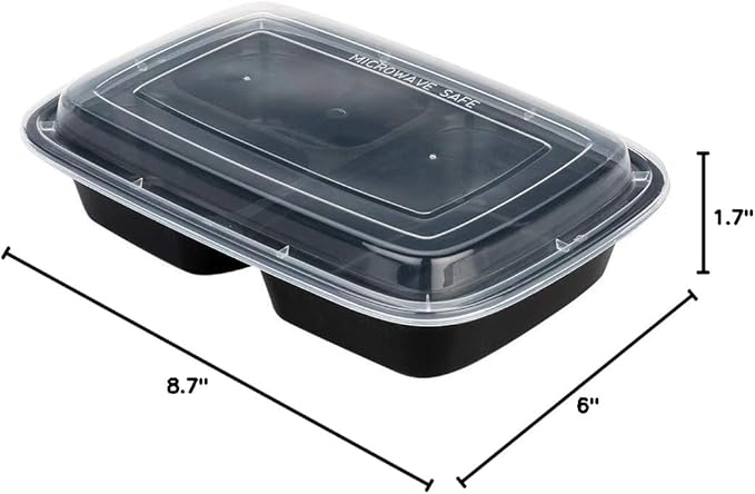 Restaurantware Asporto 26 Ounce Compartment Take Out Boxes 100 Microwavable Meal Prep Containers - 3 Compartments With Clear Plastic Lids Black Plastic Food Containers Do Not Contain BPA