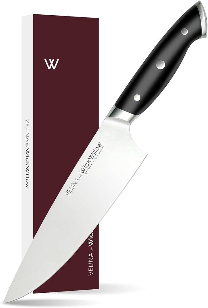 WICKWILLOW 8" Chef Knife – Razor Sharp German Steel – All-Purpose Kitchen Knife for Slicing, Dicing & Chopping – Full Tang & Ergonomic Handle – Gift Box – Velina Series