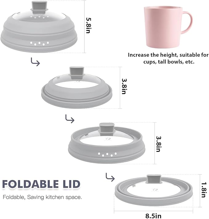 Tall Microwave Splatter Cover Glass Cover Guard Lid 5.8 inch Height with Collapsible Silicone for Food Pot Plate 8.5 inch Light Grey