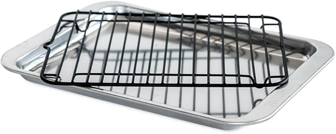 Nordic Ware Naturals 2 Piece Compact Pan Set, Toaster Oven, Counter Ovens, Air Fryer and Broiler Safe, Personal Size for 1-2 Portions - Includes Compact Baking Sheet with Broiling Rack