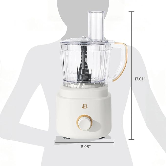 Beautiful by Drew Barrymore 10-Cup Food Processor, 500-Watts, Variable Speed, Pulse, 3" Wide Feed Tube, Stainless Steel Blades, Dishwasher Safe, Large Bowl, Accessories Included (White Icing)
