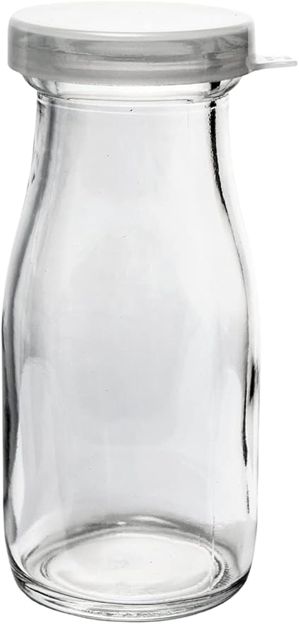 The Dairy Shoppe Glass Milk Bottle, Heavy Glass with Extra Lids, Creamery Style (2, Half Pint Decanter)