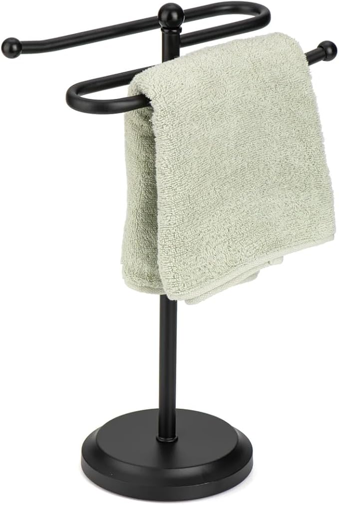 J&V TEXTILES Classical Steel Towel Rack Holder Stand with 2 Hanging Rings for Bathroom Vanity Countertops - Space Saving Hand Towel Holder (Matte Black)