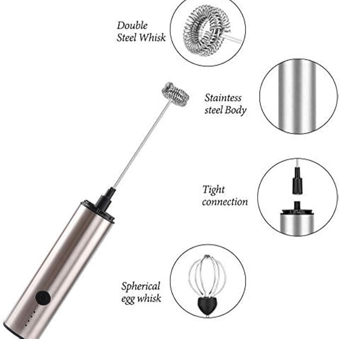Handheld Electric Milk Frother, 3 Speed Stainless Steel Foam Maker, USB Rechargeable with Charging Base, 2 Whisks, LED Battery Indicator - for Coffee, Latte, Cappuccino, Hot Chocolate