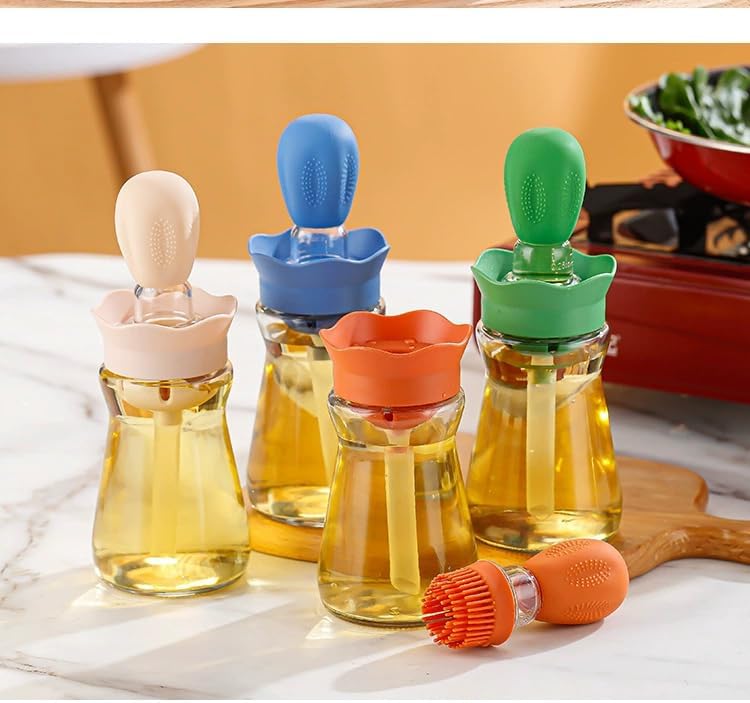 Oil Dispenser Bottle with Silicone Brush, 200ML 2 in 1 Silicone Dropper Measuring Oil Dispenser Bottle for Kitchen Cooking, Frying, Baking, BBQ Pancake, Air Fryer, Marinating - Green