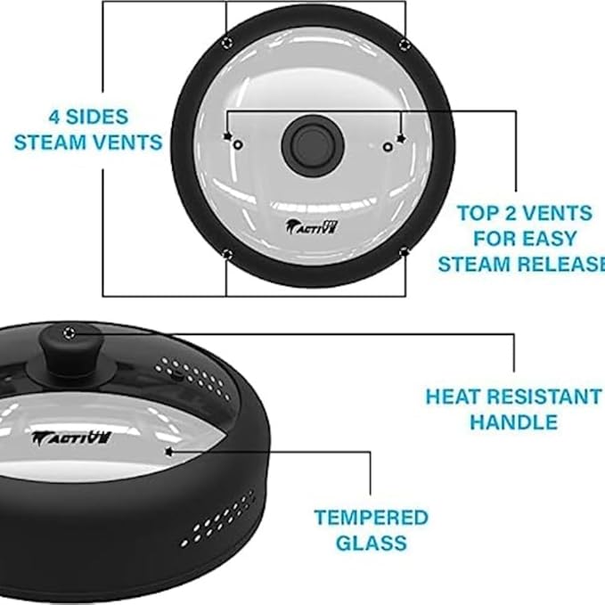 Microwave Cover for Food, Silicone and Glass Splatter Guard Lid for 6–7–8–9-10-10.5 inch Plates & Bowls. By EZY ACTIVE