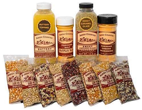 Amish Country Popcorn | 8-4 Ounce Variety Gift Set with Buttery Topping, Sweet Caramel Glaze, Ballpark Salt & Cheddar Cheese Seasoning | Old Fashioned, GMO Free and Gluten Free
