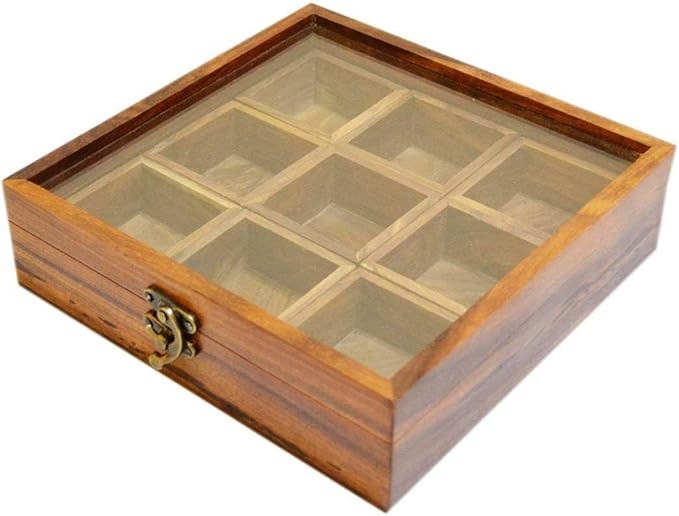 Wooden Spice Box with Glass Lid, 9 Compartment Masala Storage Container with Spoon, Hand Crafted Kitchen Organizer, 8x8 Inches