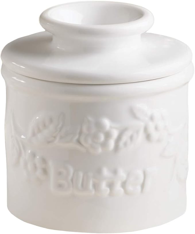 Butter Bell - The Original Butter Bell crock by L Tremain, a Countertop French Ceramic Butter Dish Keeper for Spreadable Butter, La Fleur Collection (White Raised Floral)