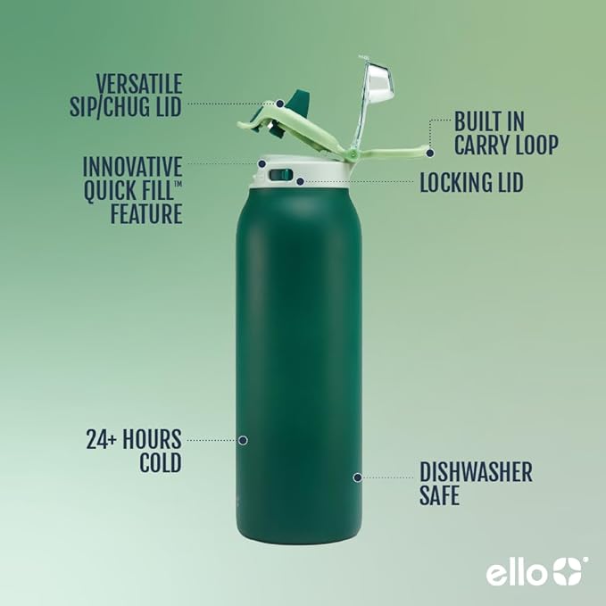 Ello Pop & Fill 22oz Stainless Steel Water Bottle with Quick Fill Technology, Double Walled and Vacuum Insulated Metal, Leak Proof Locking Lid, Sip and Chug, Reusable, BPA Free, Forest Mist