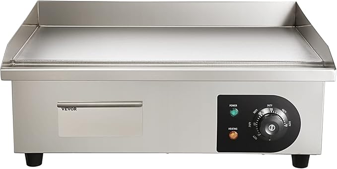 VEVOR Commercial Electric Griddle, 22", 1600W Countertop Flat Top Griddle, Stainless Steel Teppanyaki Grill w/Iron Cooking Plate, 122-572℉ Adjustable Temp Control 2 Shovels & Brushes, 110V