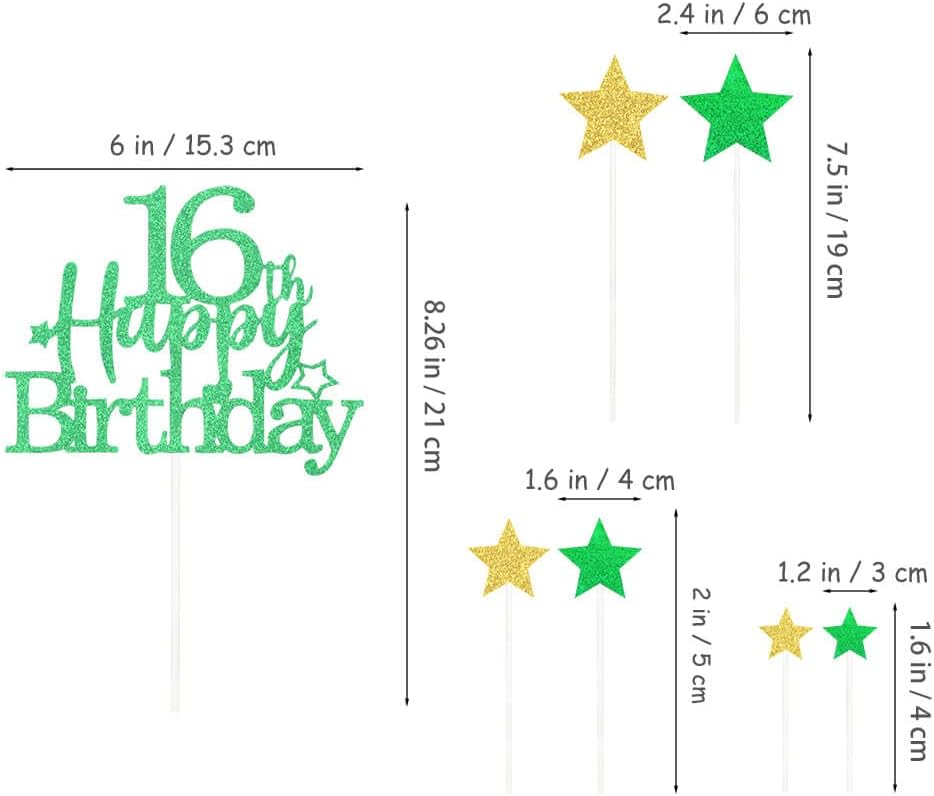 Glittery 16th Happy Birthday Cake Topper with Star,Personalised 16 Birthday Cake Toppers Party Decorations Party Supplies for Boys Girls Green Gold