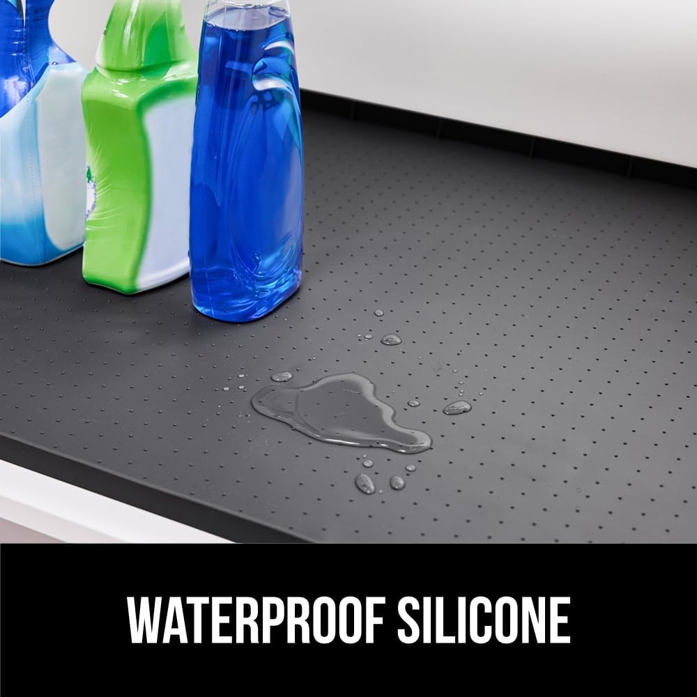 GORILLA GRIP Waterproof Silicone Under Sink Mat with Raised Lip for Kitchen and Bathroom, 34 x 22 in, Cabinet Shelf Liner Stay in Place Mats Dishwasher Safe Drawer Liner, Organizer Tray, Black