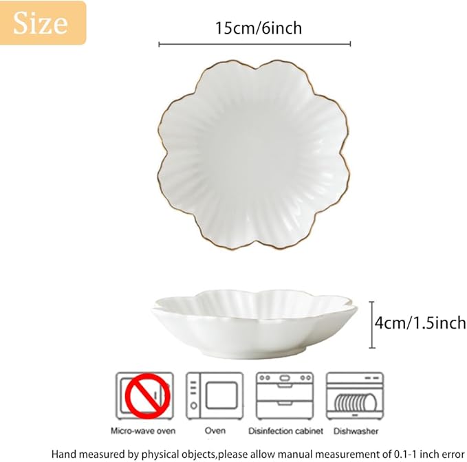 Porcelain Serving Dish,Ceramics Flower Relish Tray with Metallic Rim,Serving Bowls for Wedding,Party Perfect for Small Cereal, Pasta, Salad, Candy and Snacks White 6.6 inch (2pc-6.6 inch)