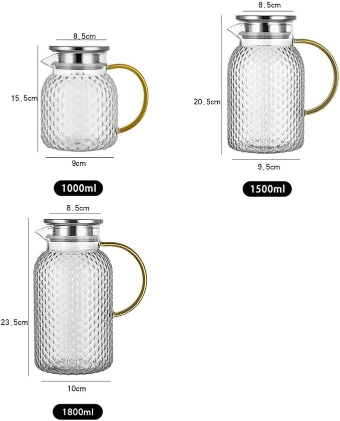 GRFIT Glass Water Pitcher with Filter Lid and Spout Pourer Heat Resistant Glass Pitcher for Hot and Cold Drinks Tea Bottle Ice Cream Homemade Water Jug (1L)