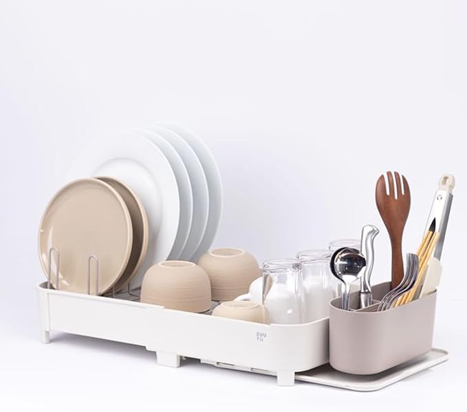 Zuutii Dish Drying Rack with Drainboard,Expandable(17.5-25.4") Large Dish Rack,Sink Dish Drainer with Utensil Holder,Dish Rack for Kitchen Counter