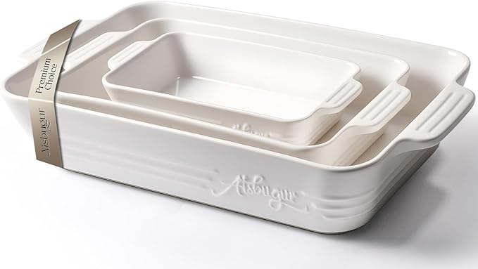 Ceramic Baking Dish Set, 3-Piece Casserole Dishes for Oven, Rectangular Baking Pans, Deep Lasagna Pans with Handles, Multi-Size Set for Cooking, Baking, Serving, and Gifting, White (16.1''/12.2''/9'')