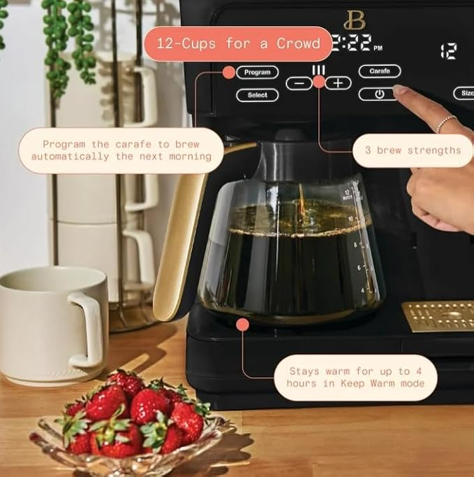 Beauti Multi Brew 12 Cup Programmable Drip & Single Serve Coffee Maker, Versatile Brewing (6oz, 8oz, 10oz, 12oz, 14oz), Pods or Ground, Over Ice option, Keep Warm mode (Black)