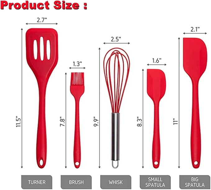 NatureMan 5 Pieces Non-Stick Food Silicone Kitchenware Utensils- Kids Cooking Sets - for Cooking Baking Mixing, Stirring-Ergonomic Dishwasher Safe（Red）