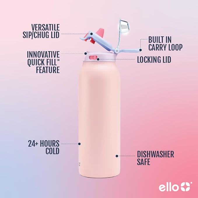 Ello Pop & Fill 22oz Stainless Steel Water Bottle with Quick Fill Technology, Double Walled and Vacuum Insulated Metal, Leak Proof Locking Lid, Sip and Chug, Reusable, BPA Free, Heavenly Hues