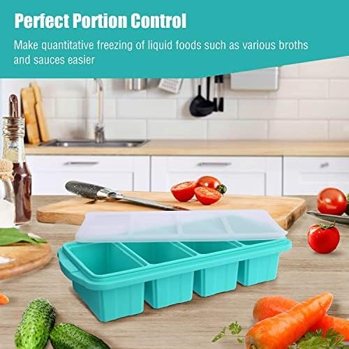 Silicone Freezing Tray with Lid, Large Ice Cube Tray Non-stick Soup Freezer Container with 4 Compartments for Storing and Freezing Soups, Broths, Sauces and Liquid Diets, Oven and Dishwasher Safe…